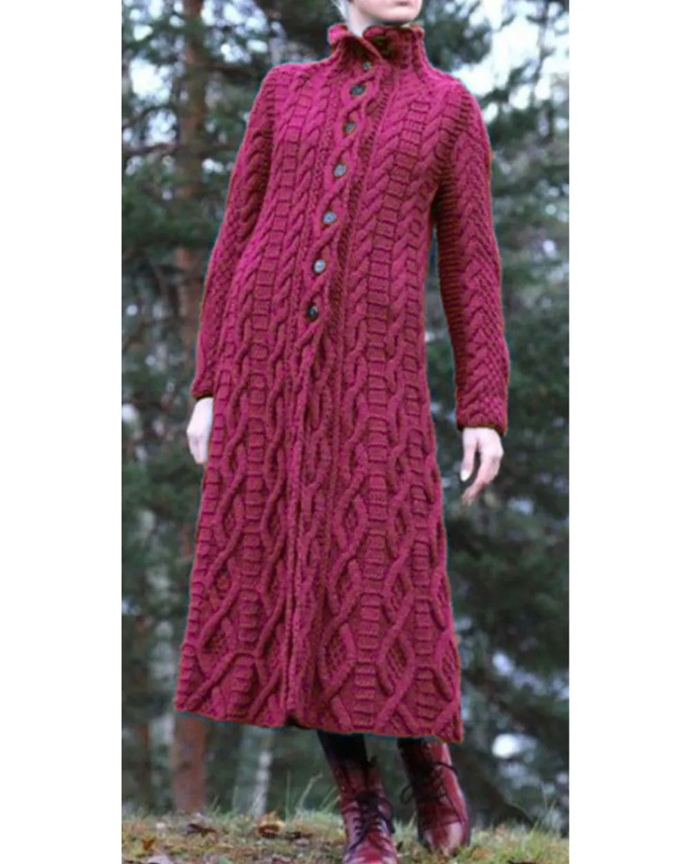Women's High Neck Chunky Twist Knit Extra Long Cardigan