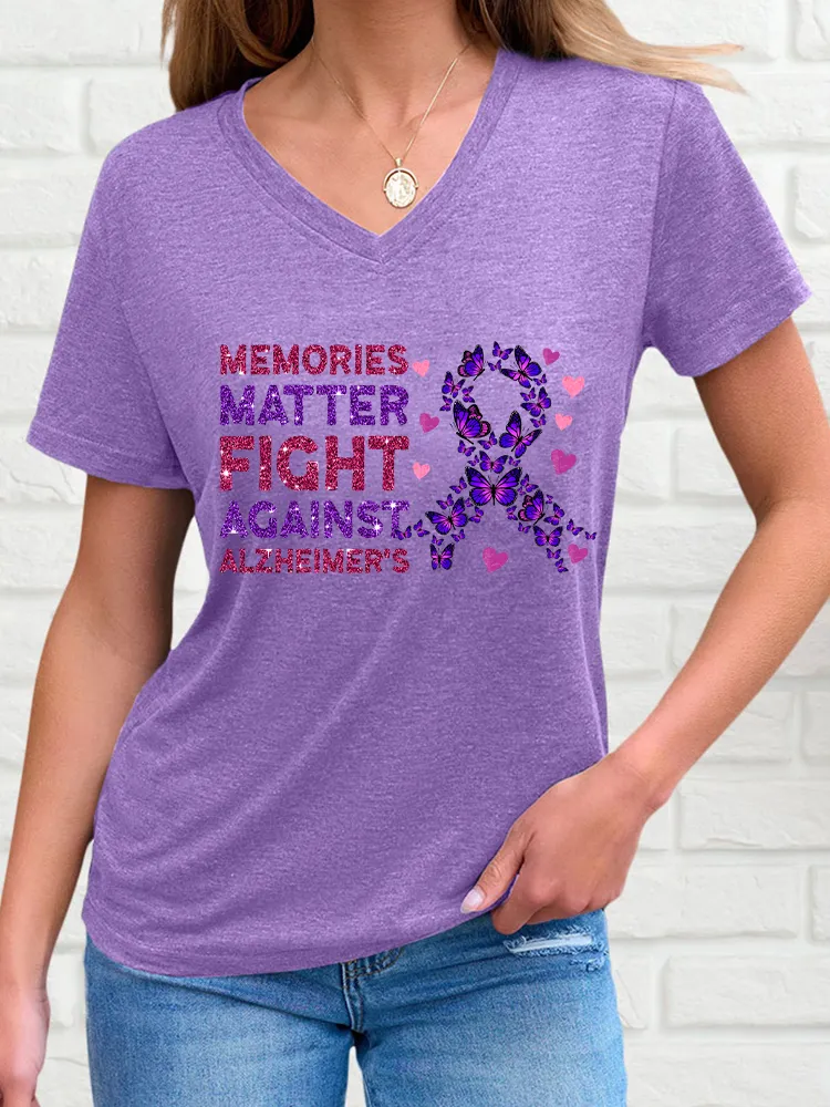 Women'S V-Neck Short-Sleeved T-Shirt Memories Matter Fight Against Alzheimer'S Prints