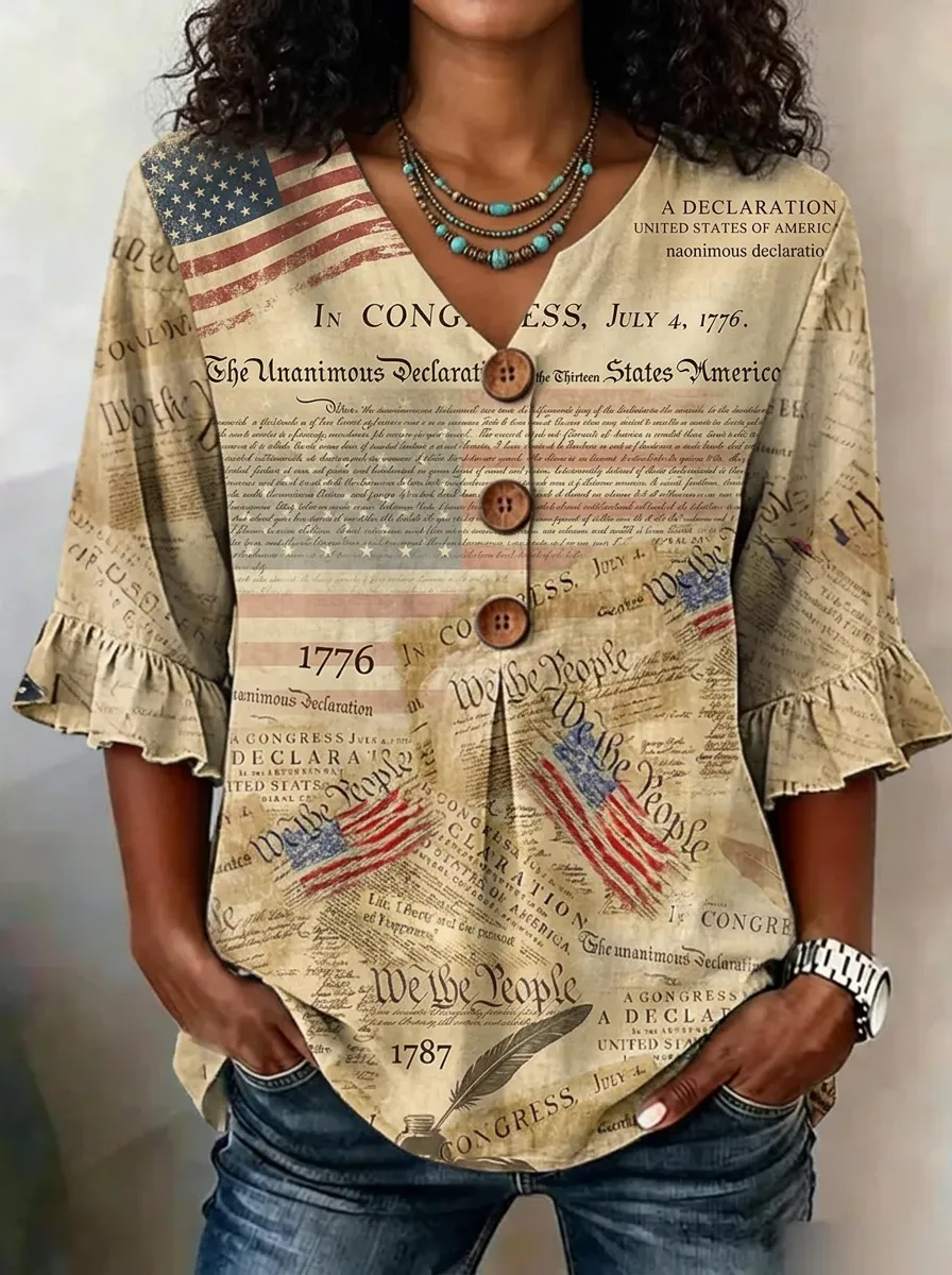 Women's USA Independence Day Declaration Printed V-neck top