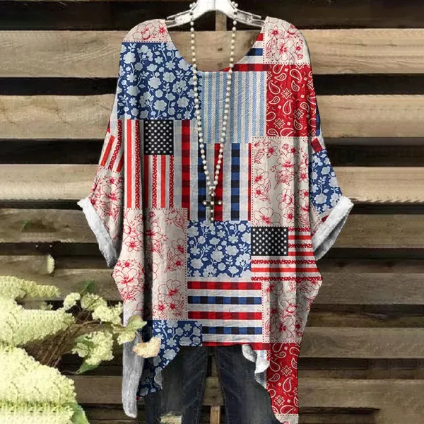 Vintage Independence Day American Flag Patch Floral & Paisley Art Irregular Shirt