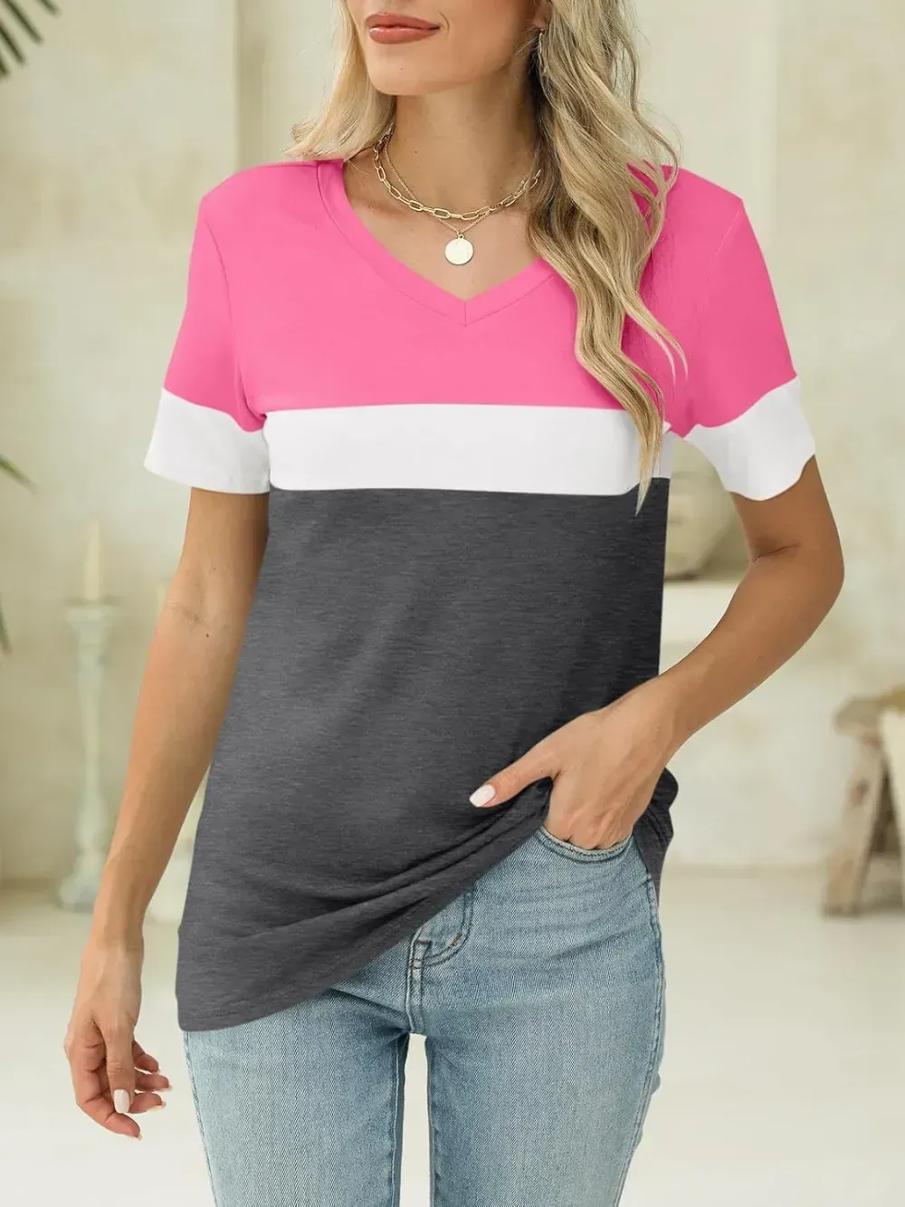 ORANDESIGNE Women's Color Block Short Sleeve T Shirts Casual V Neck Summer Tops Tees Loose Fit Blouses