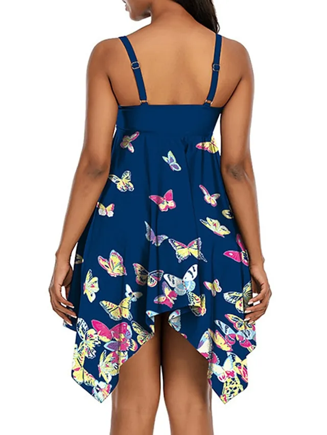 Women's Swimwear Swim Dress 2 Piece Plus Size Swimsuit 2 Piece Modest Swimwear Open Back Printing for Big Busts Animal Butterfly Navy Blue Camisole Strap Bathing Suits New Vacation Fashion