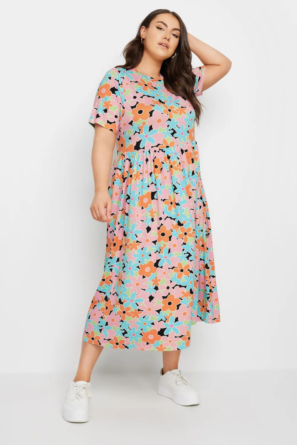 YOURS Curve Orange & Blue Retro Floral Print Smock Dress