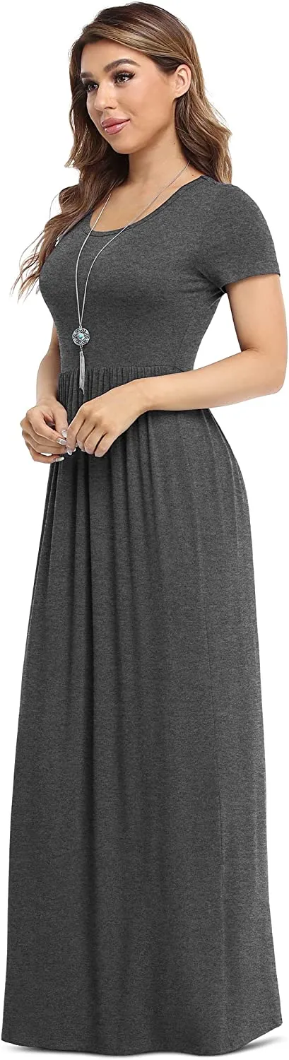 Women's Short Sleeve Loose Plain Maxi Dresses Casual Long Dresses with Pockets