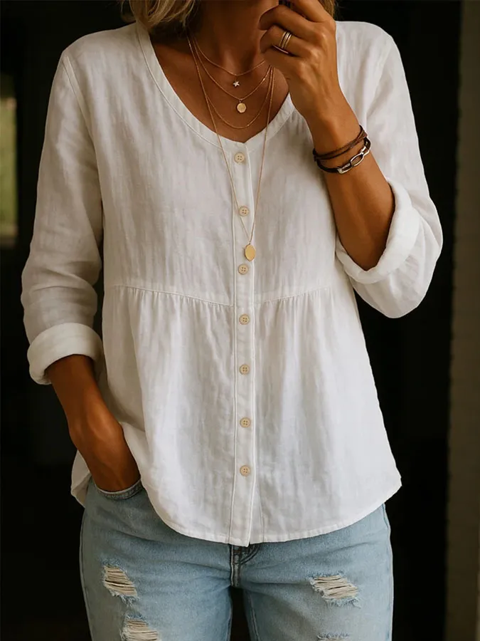 Women'S Solid Color Multi-Color Cotton Linen Button Round Neck Shirt