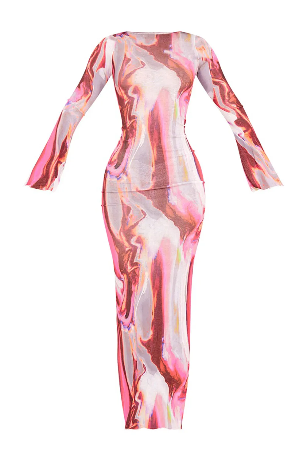 Orange Abstract Print Burnout Mesh Long Sleeve Maxi Dress