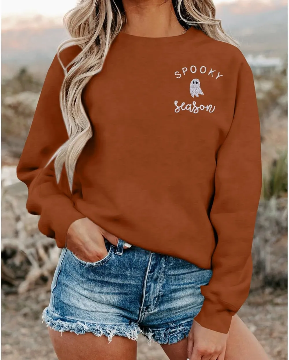 LOTUCY Halloween Sweatshirt Women Cute Spooky Season Sweatshirts Ghost Fall Embroidered Sweater Pullover Top