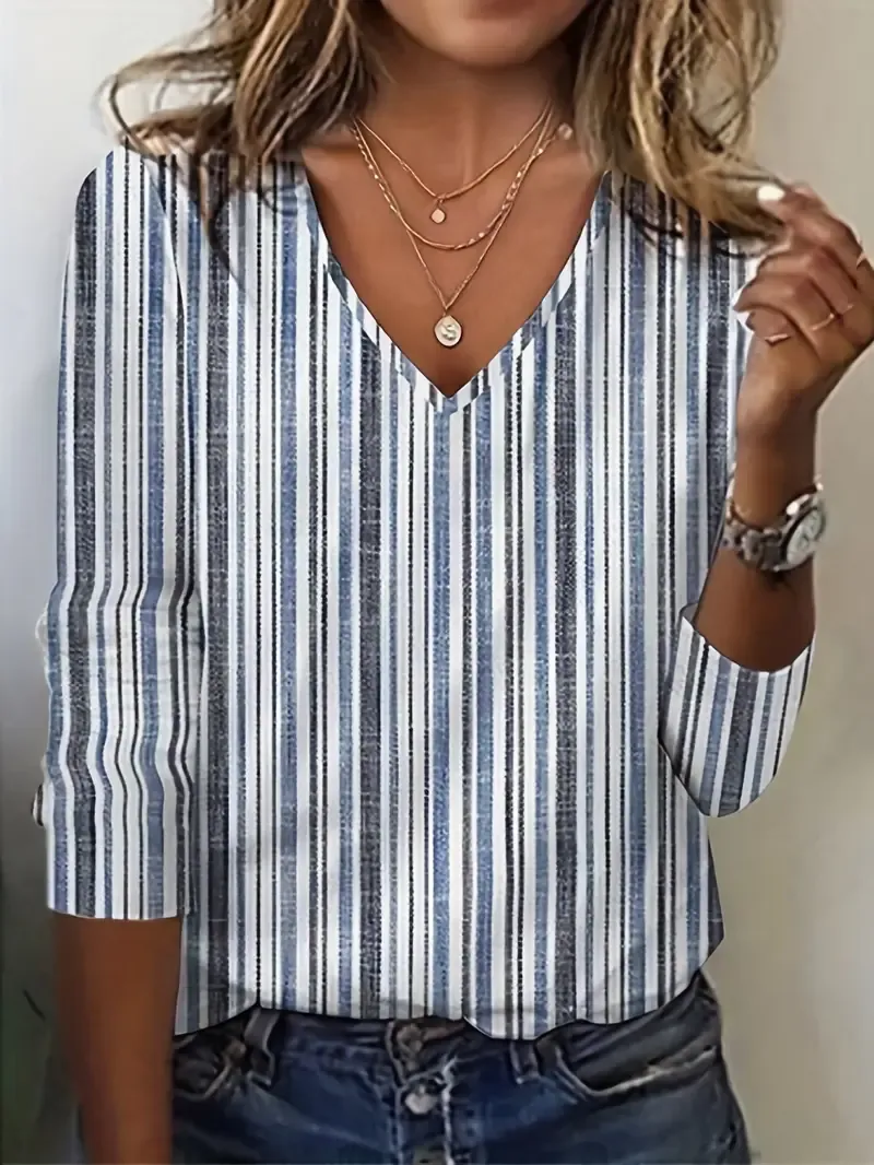Striped Print V Neck T-Shirt, Casual Half Sleeve T-Shirt For Spring & Summer, Women's Clothing