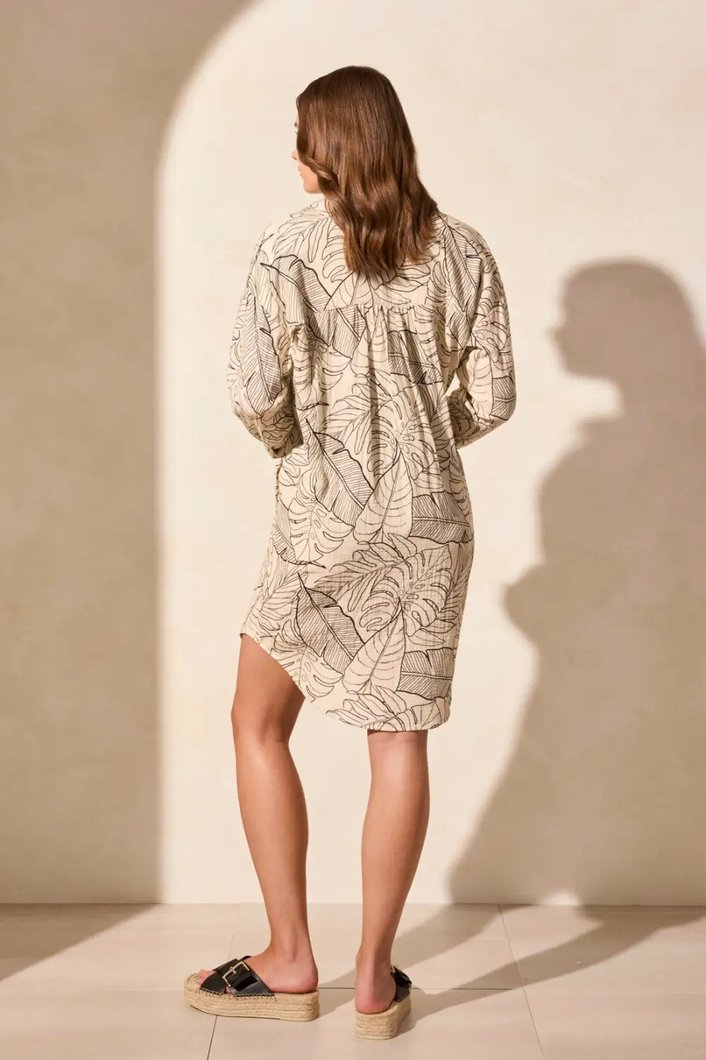 Printed Cotton Gauze Long-Sleeve Cover-Up Shirt Dress-Sanddune
