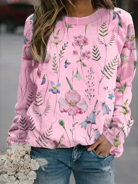 Floral Crew Neck Long Sleeves Sweatshirts