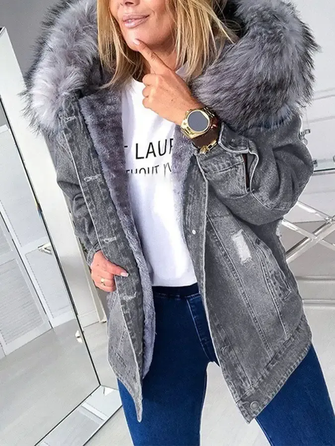 Women'S Big Fur Collar Denim Jacket Fashion Casual Jacket