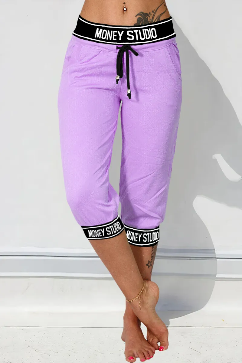 Letter Print Drawstring Slant Pocket Capri Pants