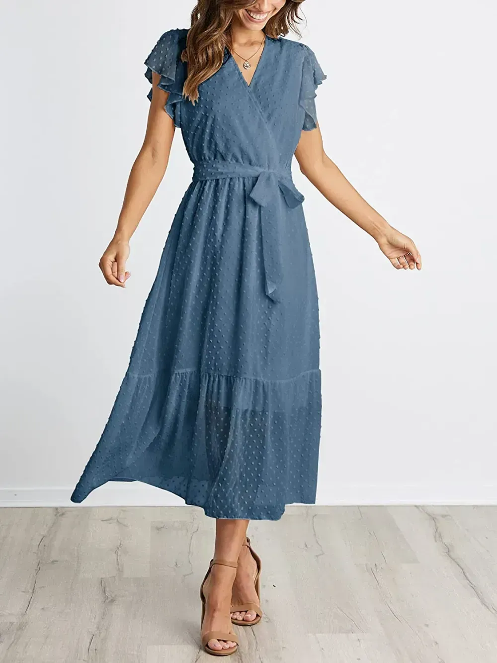 Women Summer Bohemian Floral Casual Wrap V Neck Ruffle Cap Sleeveless Belt A-Line Pleated Hem Swing Midi Sun Dress