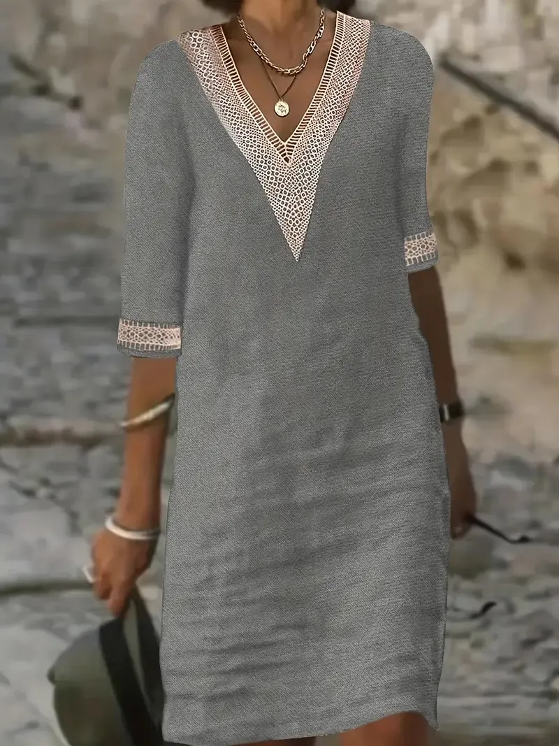 Guipure Lace V-Neck Short Sleeve Dress for Women, Spring & Summer Casual Dress