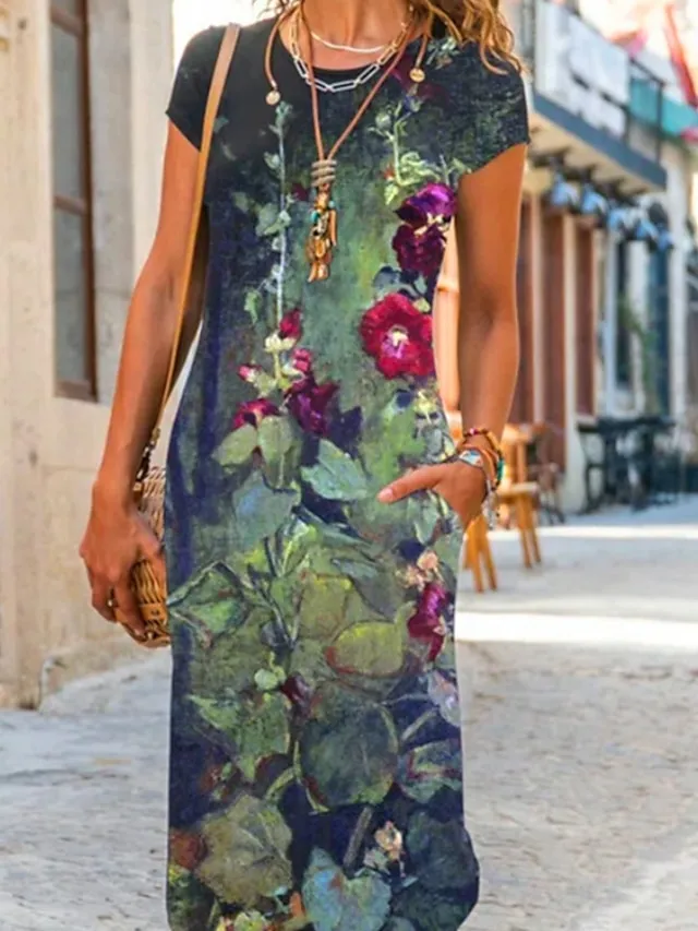Women‘s Shift Dress Maxi long Dress Green Blue Gray Dark Blue Short Sleeve Floral Pocket Print Spring Summer Crew Neck Casual 2023 S M L XL XXL XXXL