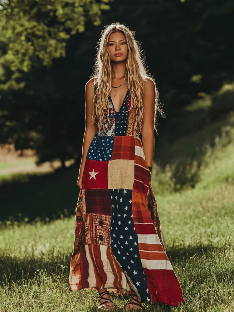 Women's Vintage Independence Day Print Linen Tank Dress