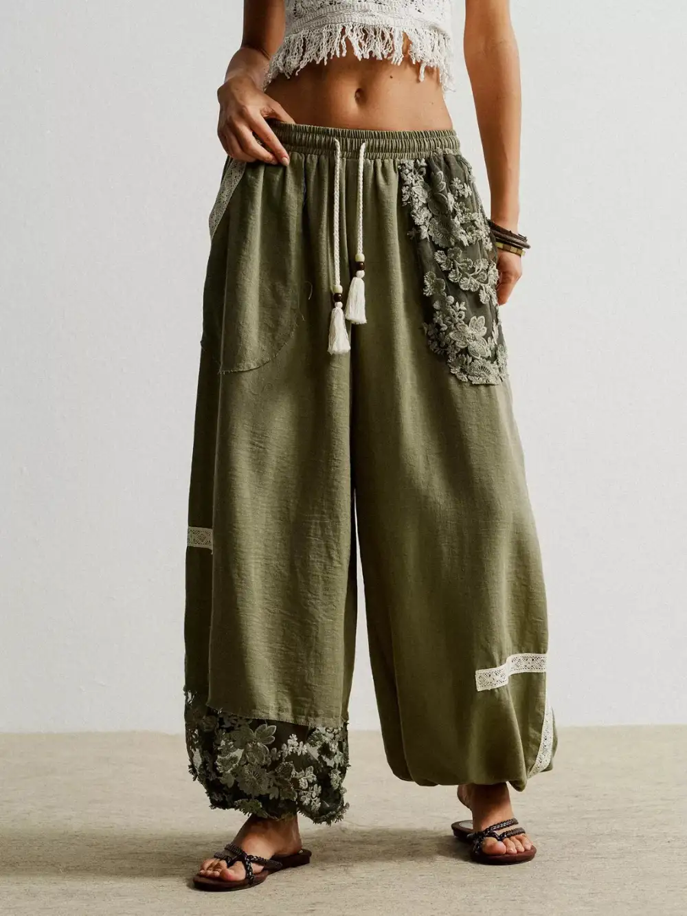 Lace Detail Drawstring Harem Pants
