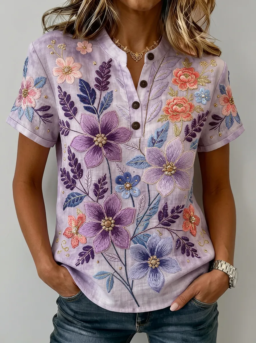Women's Nashville Floral Embroidery Printed Henley Shirt