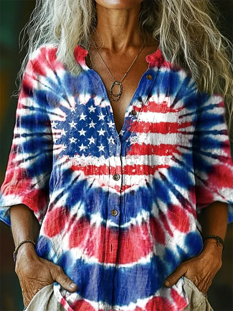 Women's Tie Dye With Independence Day Flag Pattern Art Casual Linen Henley Collar Shirt
