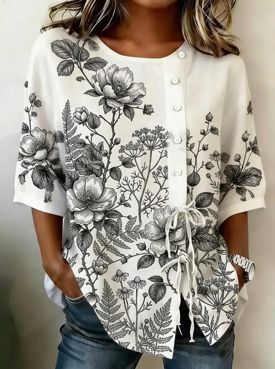 Women's Nashville Floral Botanical Sketch Printed Button-up Top