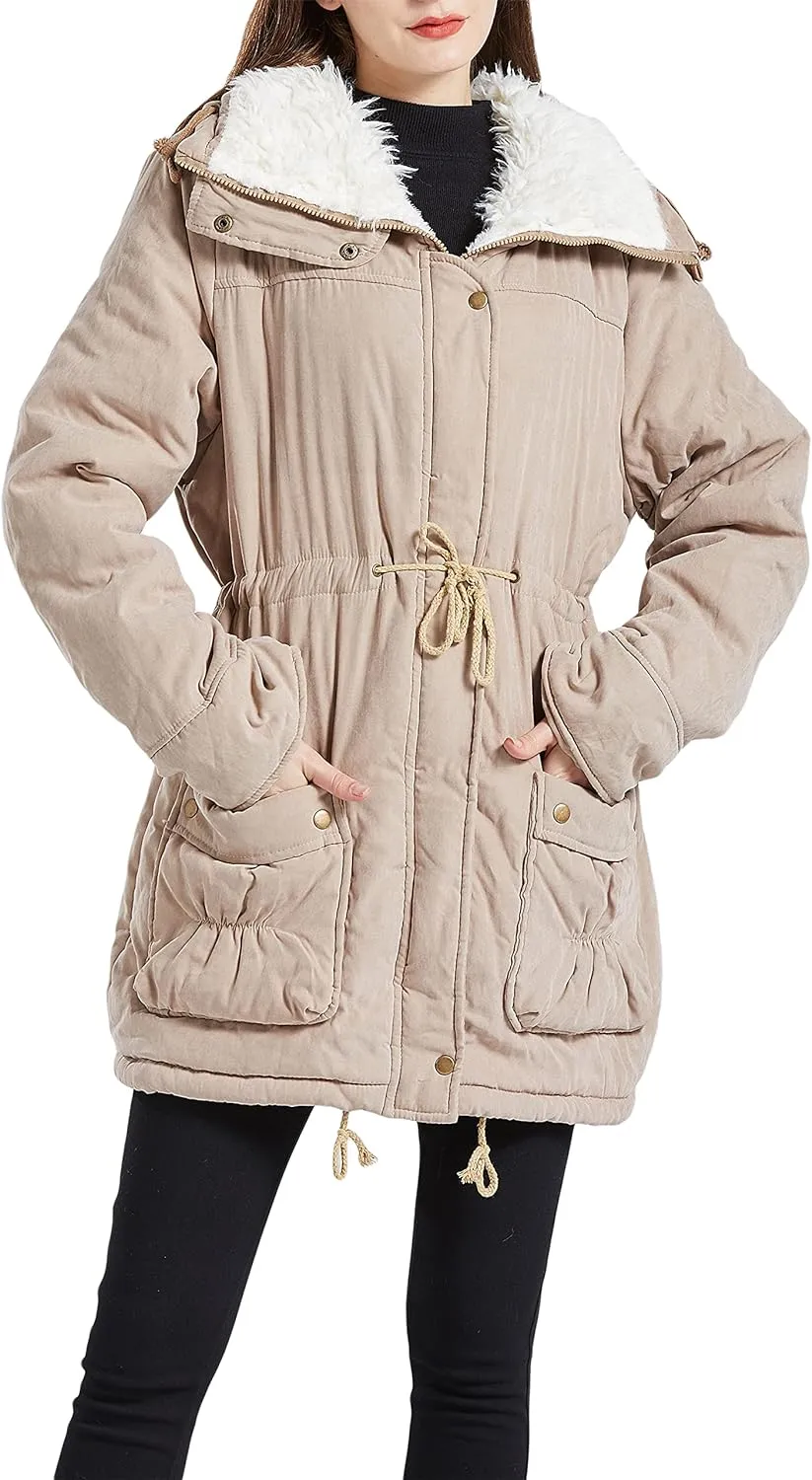 Women's Winter Mid Length Thick Warm Faux Lamb Wool Lined Jacket Coat