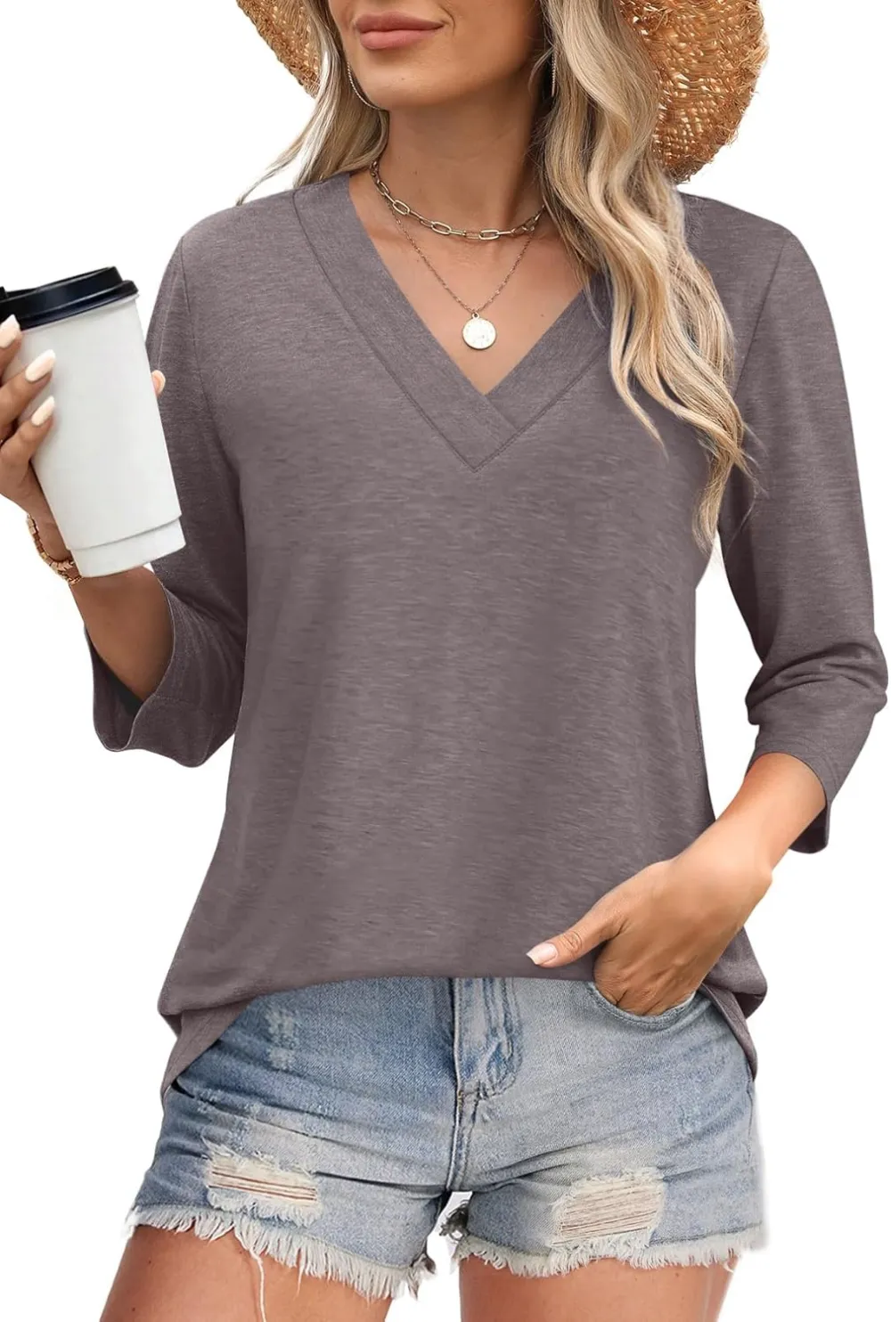 ⏰Hot Sale-Women's V Neck 3/4 Long Sleeve Tops Loose Fit Blouse