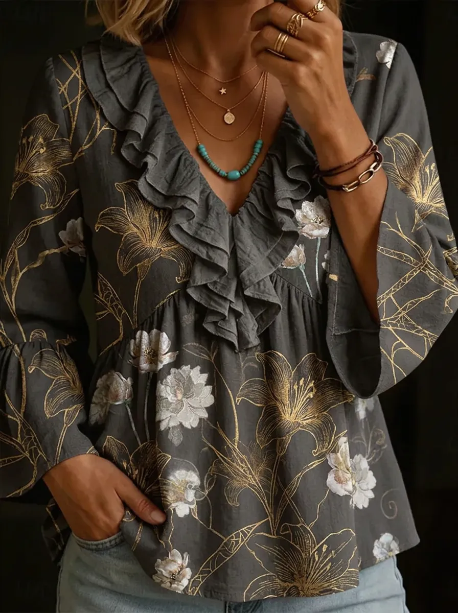 Women's Nashville Floral Gold Foil Printed Ruffle Top