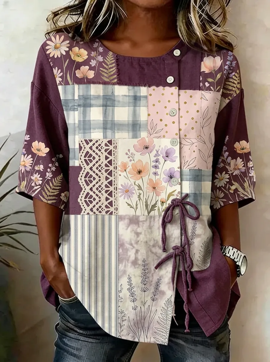Women's Nashville Floral Patchwork Printed Button-Up Top