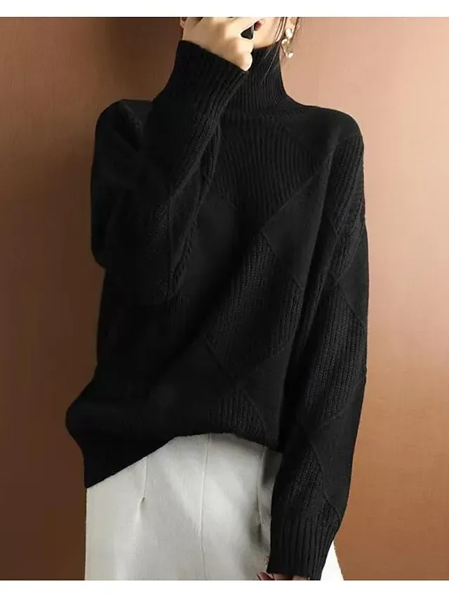 Women's Sweater Pullover Sweater Jumper Casual Soft Pure Color Ribbed Turtleneck Knitted Long Sleeve Regular Tops Knit Outdoor Daily Weekend Black Yellow Fall Winter