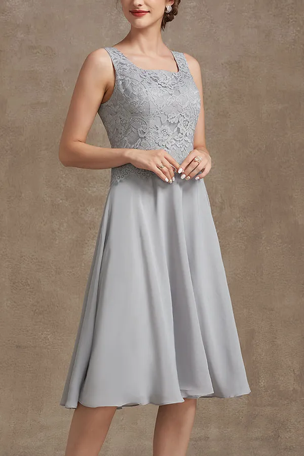 A-Line Square Neckline Knee-Length Chiffon Lace Mother of the Bride Dress