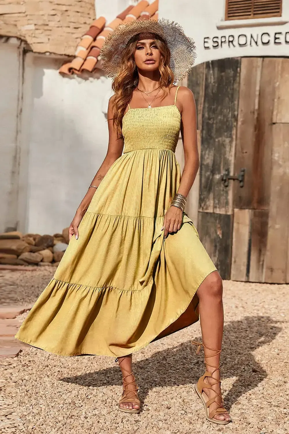 Sleeveless Spaghetti Strap Smocked Tiered Maxi Dress