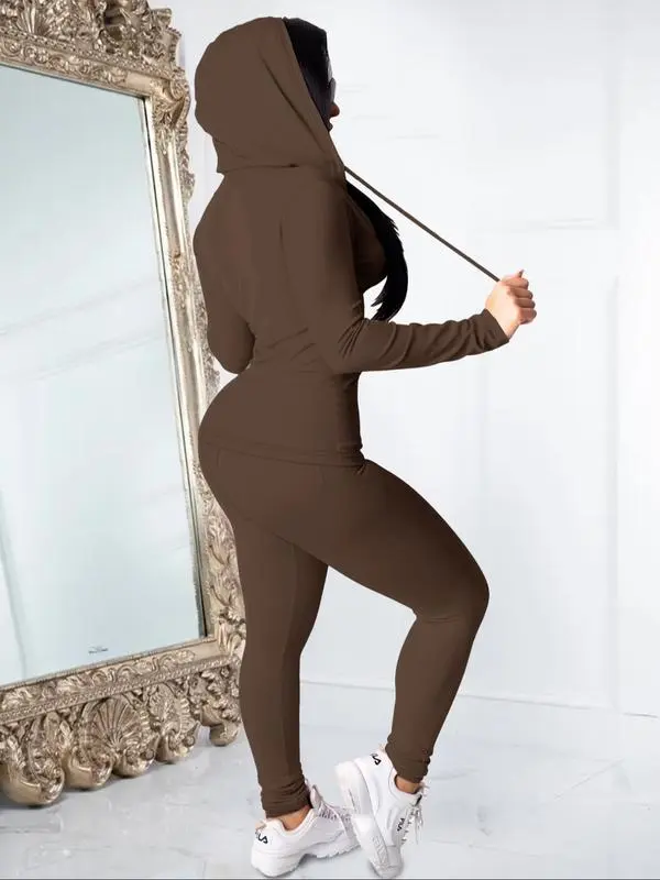 Women's Fall 2-Piece Set: Zipper Hoodie & Skinny Pants (Pocket Design)