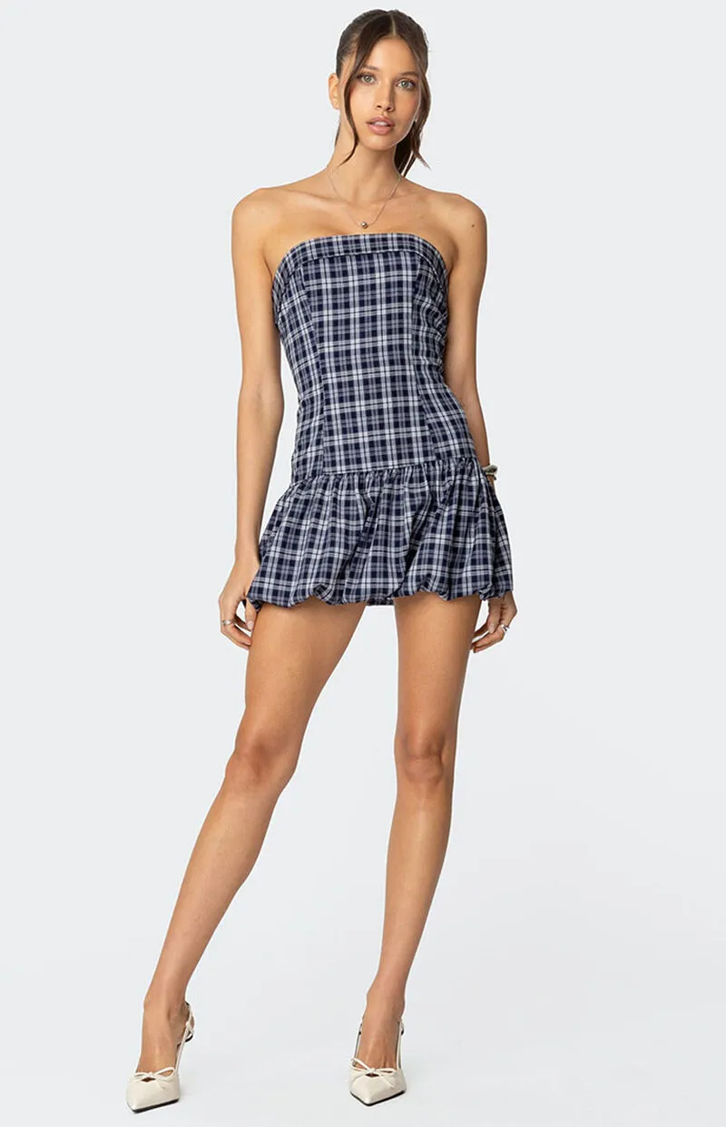 Edikted Plaid Strapless Bubble Mini Dress