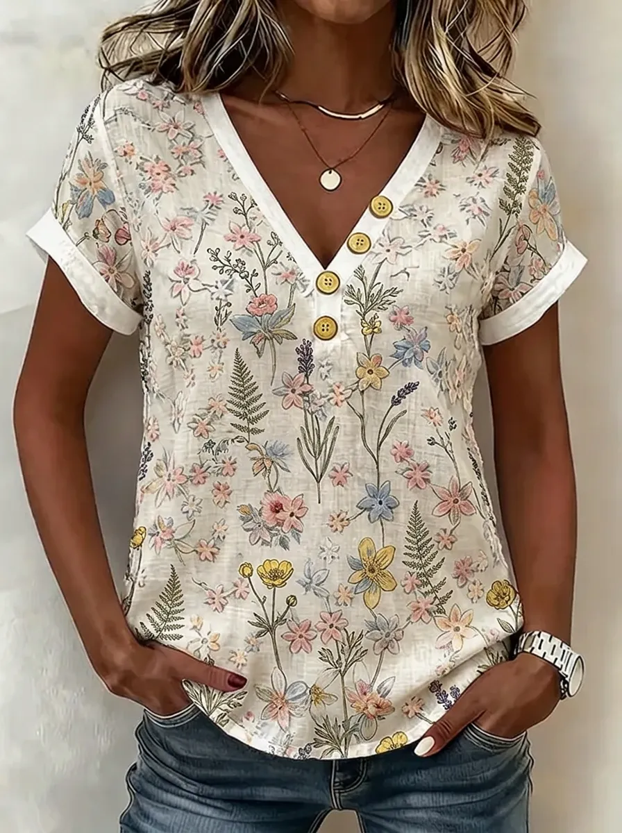 Women's Nashville Floral Botanical Printed V-Neck Button Top