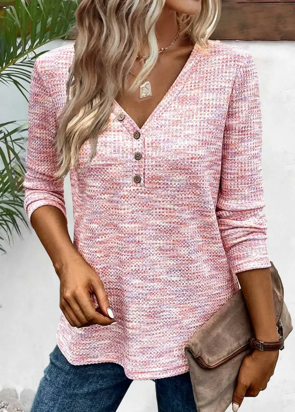 Light Pink Button Long Sleeve V Neck T Shirt