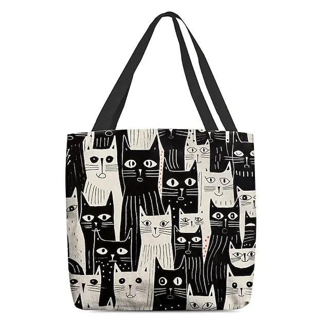 Women's Tote Shoulder Bag Canvas Tote Bag Customize Polyester Shopping Holiday Print Large Capacity Foldable Lightweight Cat Black / White Black / Red Custom Print