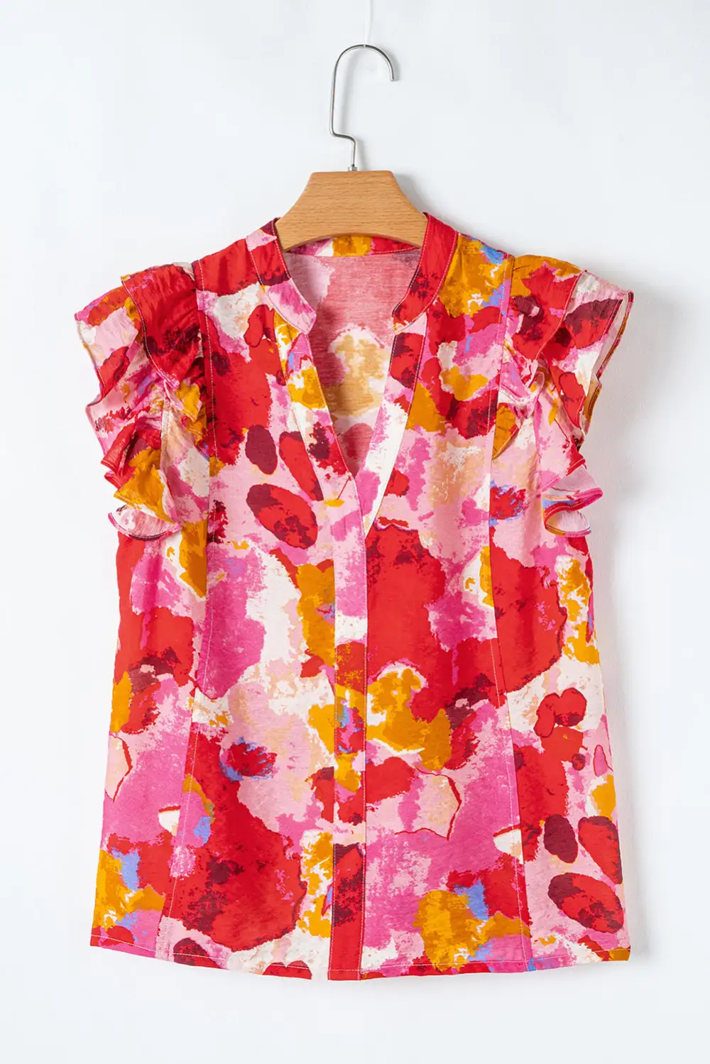 Softly Styled Abstract Print Ruffled V-Neck Blouse