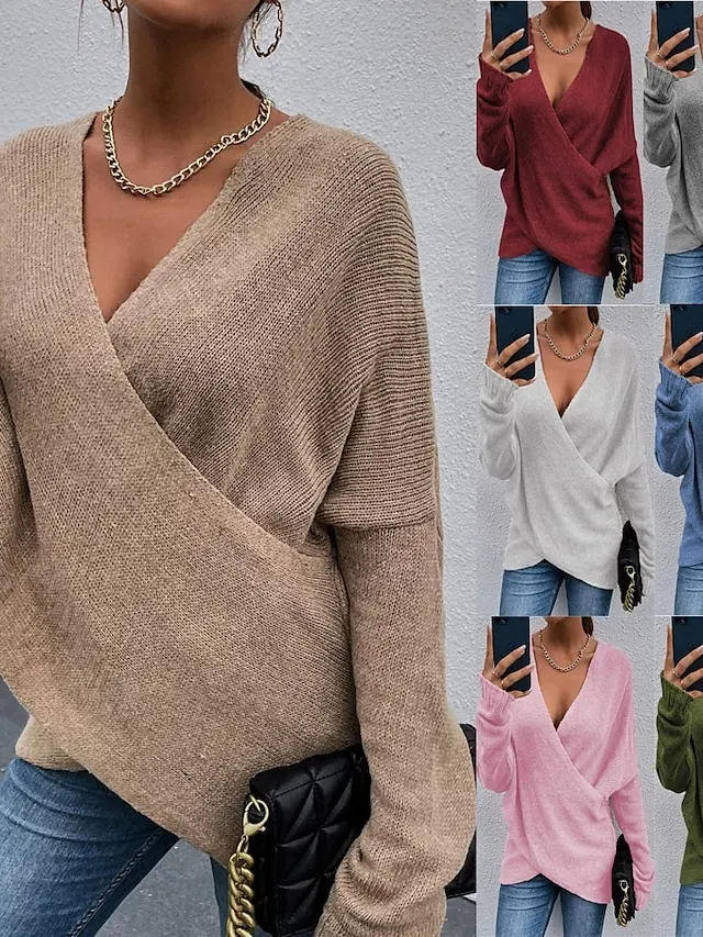 Women's Sweater Pullover Jumper Criss Cross Knitted Solid Color Stylish Casual Long Sleeve Regular Fit Sweater Cardigans V Neck Fall Winter Blue Purple Pink / Holiday / Going out