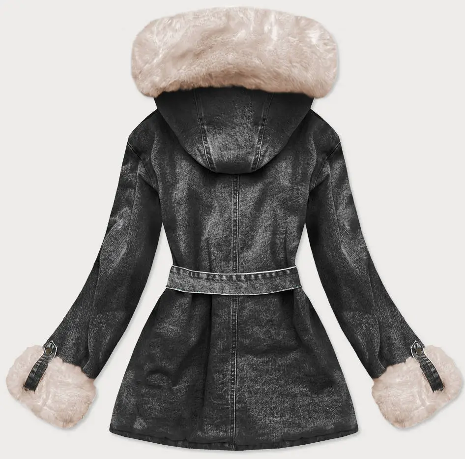 Women's Fur Lining Denim Jacket Black-Beige