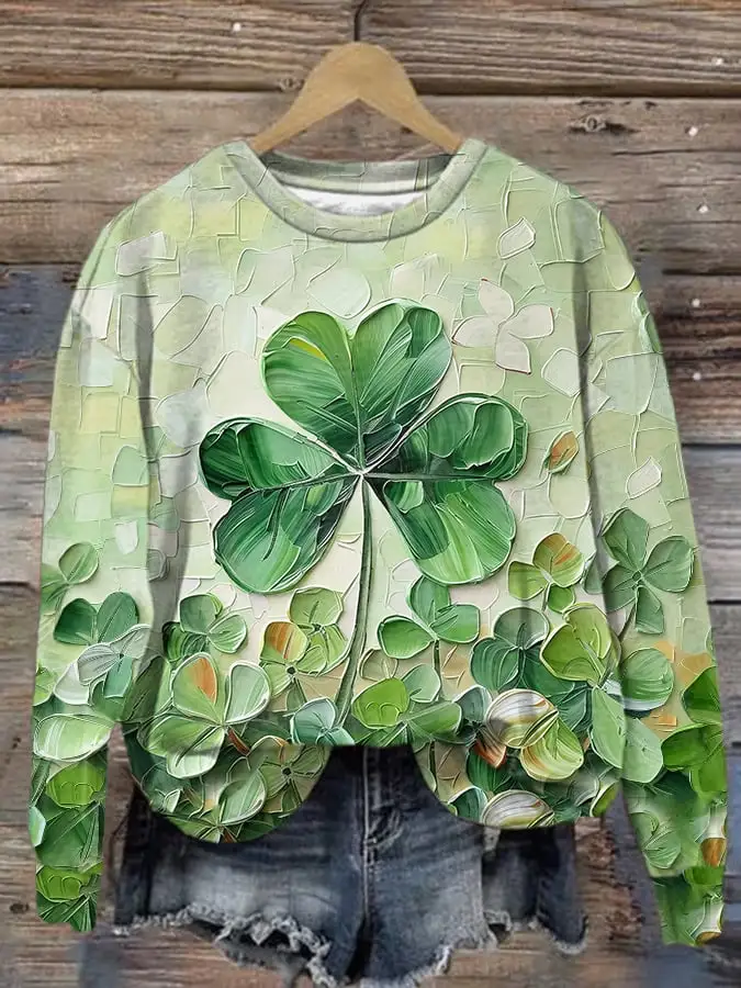 Women's Shamrock St Patrick's Day Printed Round Neck Sweatshirt