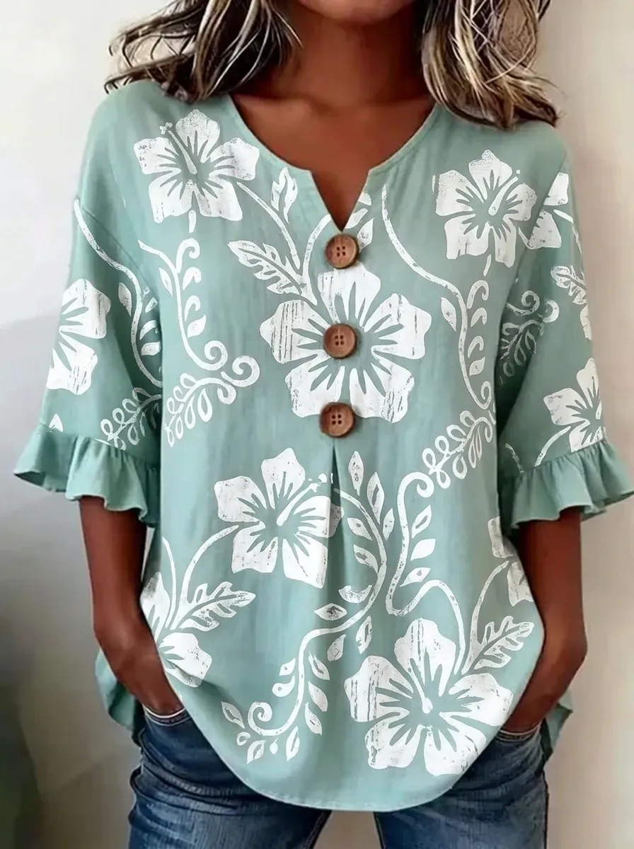 Women's Nashville Floral Hibiscus Printed Button V-Neck Top