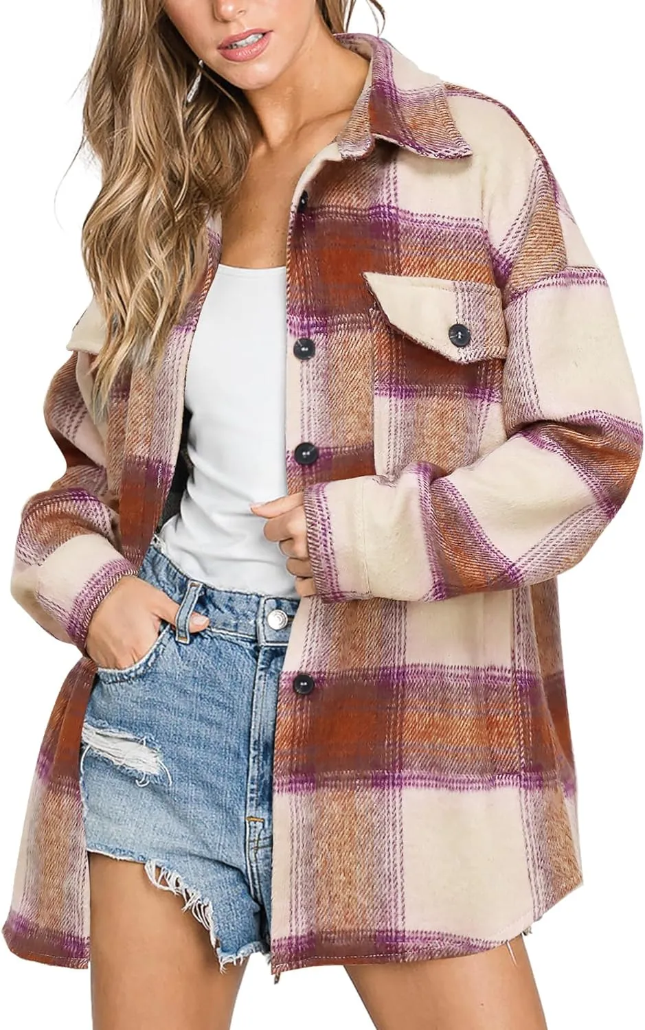 Women's Flannel Plaid Shacket Long Sleeve Button Down Chest Pocketed Shirts Jacket Coats
