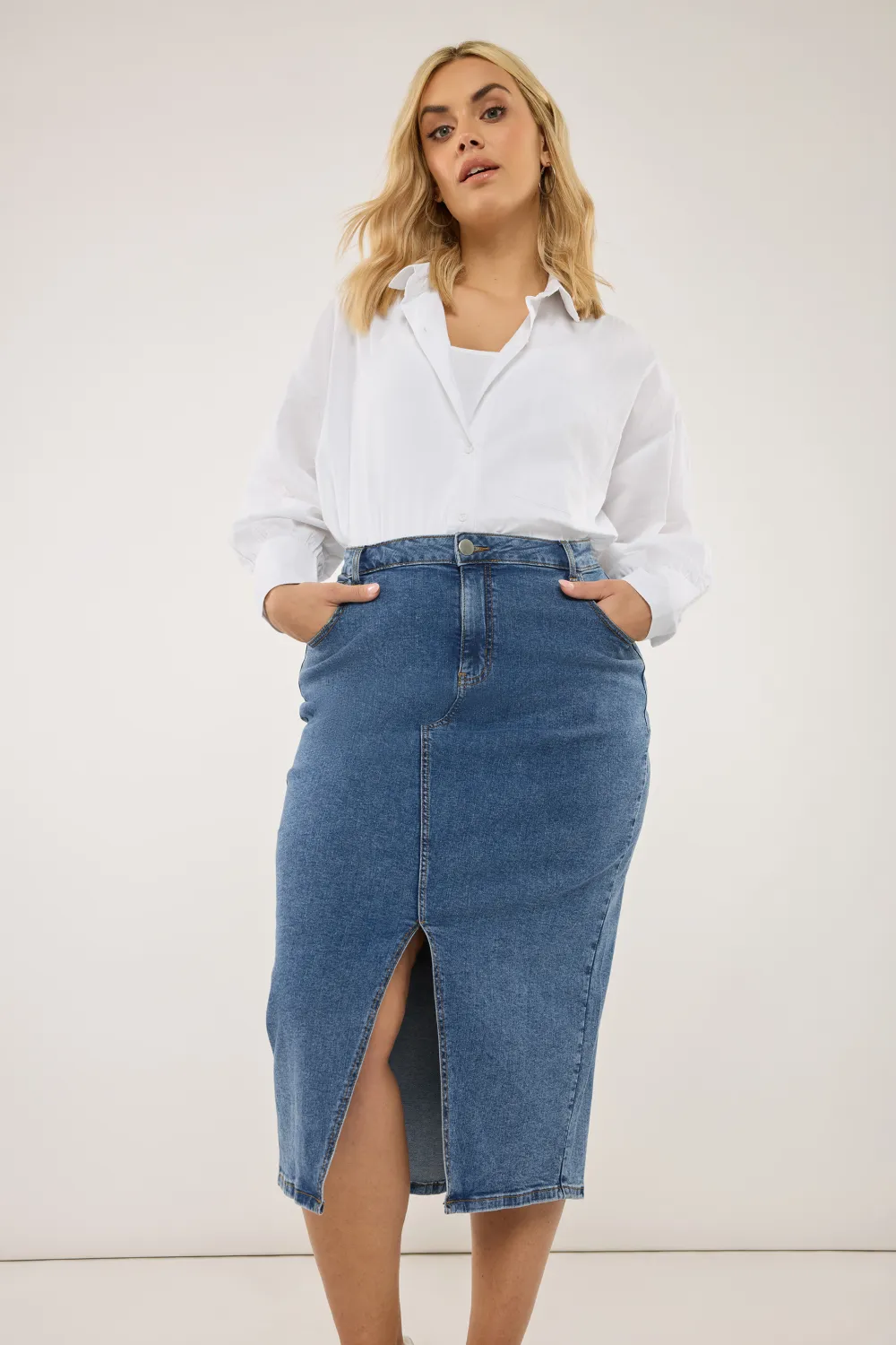 YOURS Curve Black Midi Stretch Denim Skirt