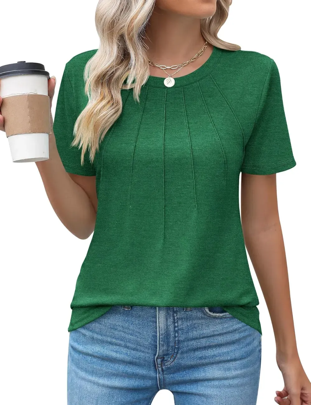 Kistore Womens Casual Crew Neck Short Sleeve Pleated Tops Blouses Fashion Clothes 2024