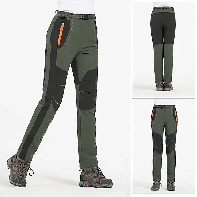 Women's Fleece Lined Pants Waterproof Hiking Pants Black Trousers Softshell Pants Winter Outdoor Thermal Warm Windproof Lightweight Elastic Waist Bottoms Army Green Burgundy Orange Camping