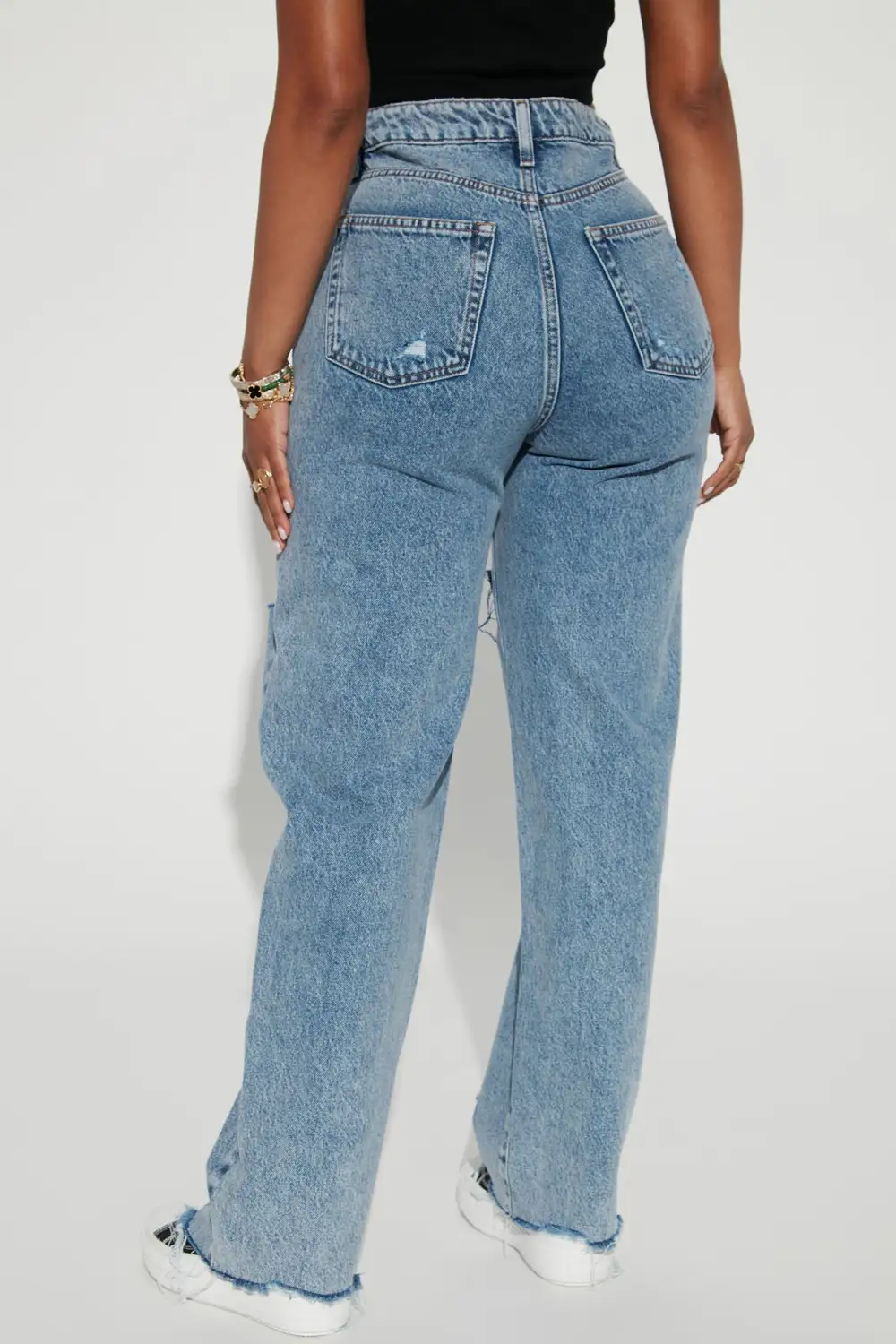 Calling Home Ripped Non Stretch Straight Leg Jeans - Medium Blue Wash