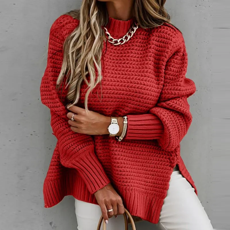 Simple Long Sleeved Thick Needle Tied Hand Side Slit Knit Sweater