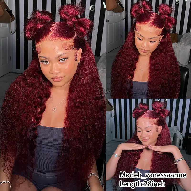 Flash Sale | @bigekane and @thequeenleora Recommend 99J Burgundy 13x6 Deep Wave Wig 16-34 Inches Transparent Lace Front Human Hair Wigs