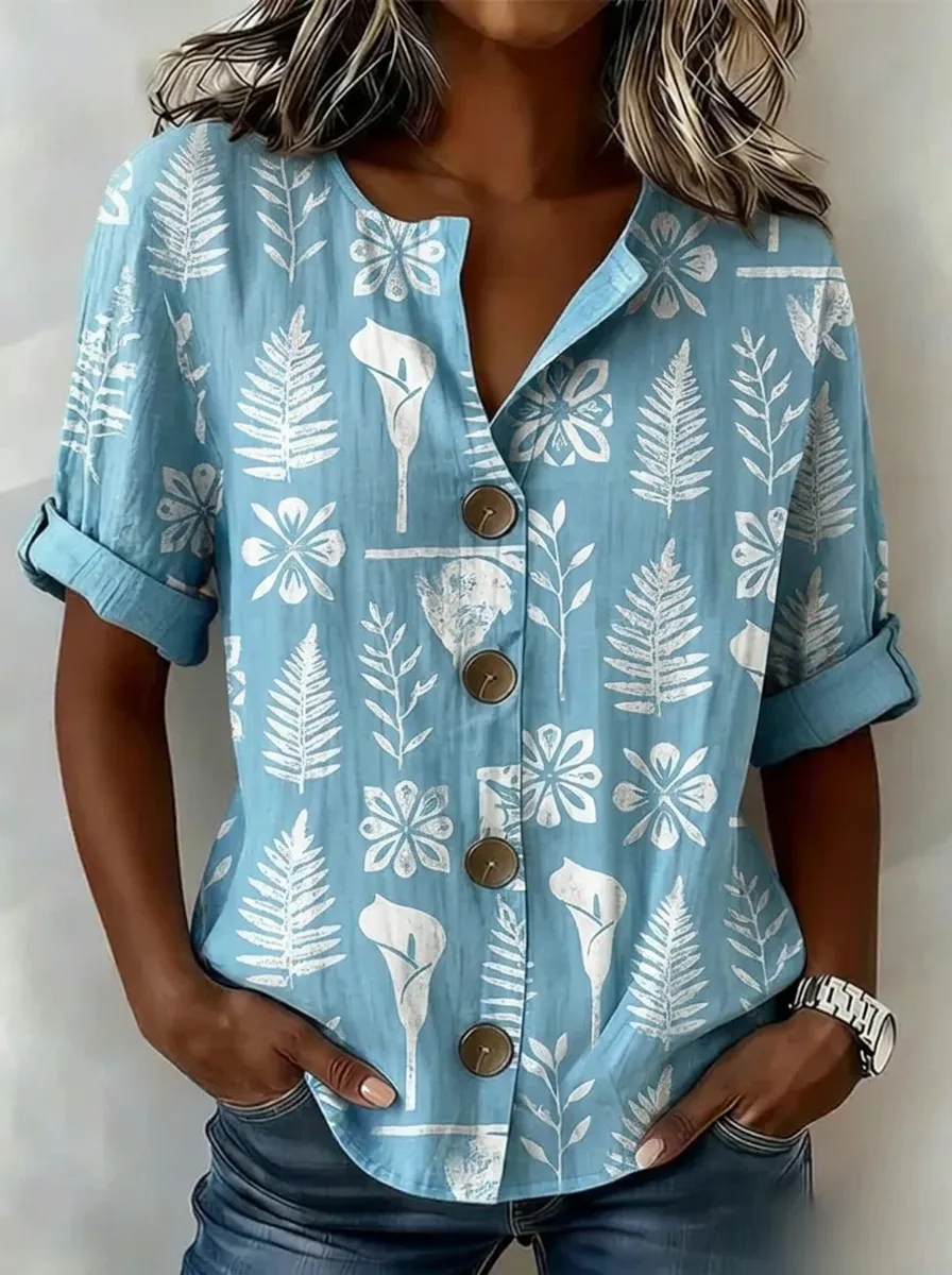 Women's Nashville Botanical Lily Fern Printed Button-up Shirt