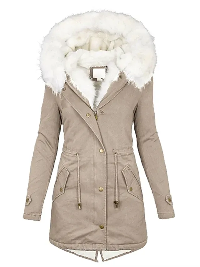 Women's Winter Coat Fleece Lined Parka Hoodie Jacket Windproof Warm Puffer Jacket Streetwear Casual Heated Coat with Fur Collar Jacket Long Sleeve Color Block Pocket Pink Army Green Khaki